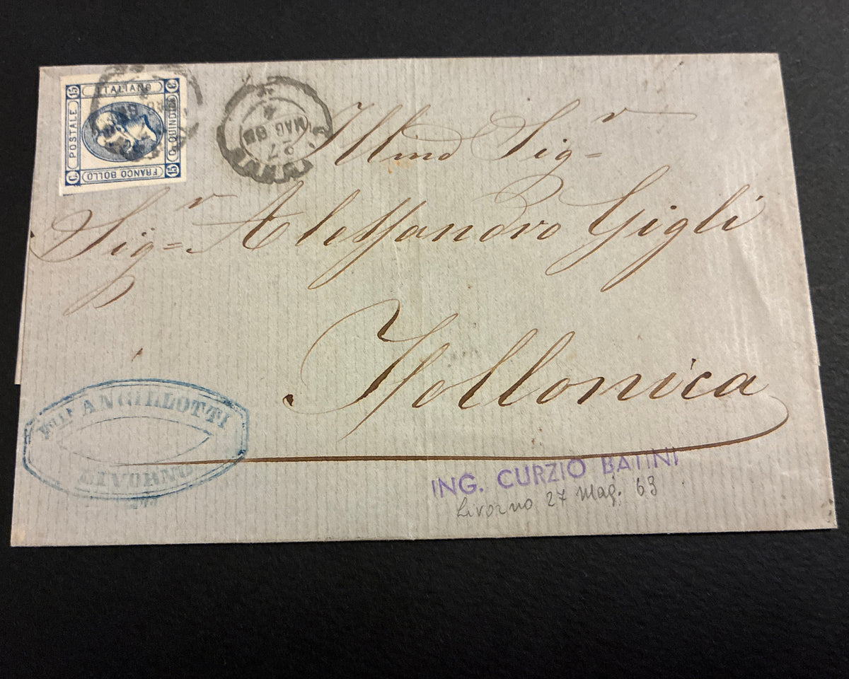 Lettera 1863 con 15 Centesimi Azzurro Primo Tipo "Matraire" dall'Archivio e Collezione dell'Ing. Curzio Batini