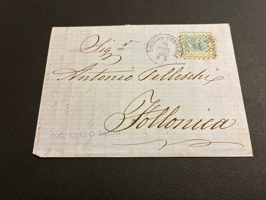 Lettera con Testo del 1865 da Livorno a Follonica con Francobollo da 20 Centesimi Azzurro De La Rue – Collezione Curzio Batini