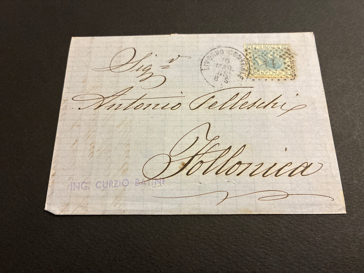 Lettera con Testo del 1865 da Livorno a Follonica con Francobollo da 20 Centesimi Azzurro De La Rue – Collezione Curzio Batini