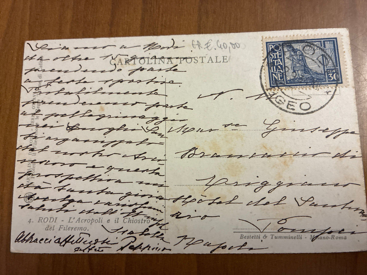 Isole Italiane Egeo Cartolina da Rodi a Napoli Affrancata 30 Centesimi Serie Pittorica Cavaliere di Rodi Acropoli del Fileremo