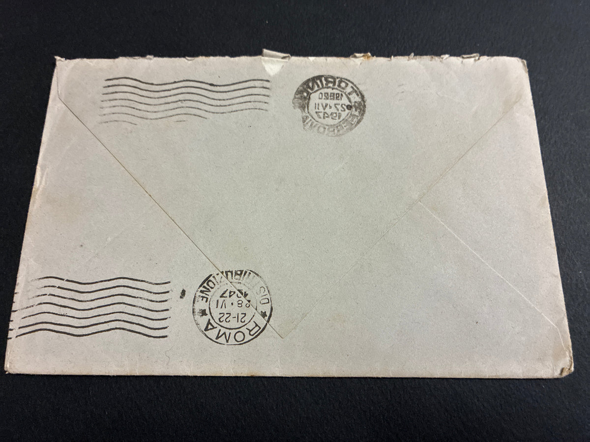 Busta 1947 da Torino a Roma in tariffa Democratica da 6 lire integrata con segnatasse per tassazione da 12 lire per fuori peso.