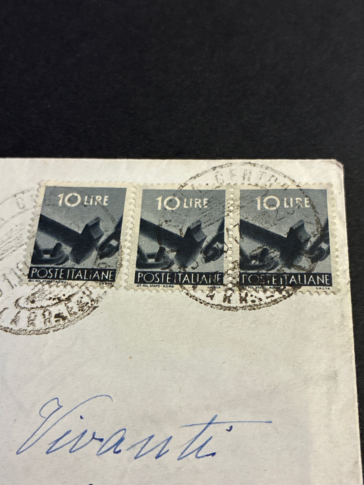 Busta 1947 da Agra Varese a Ancona Reindirizzata in Corso Mazzini Striscia di 3 Francobolli da 10 Lire Serie Democratica Storia Postale