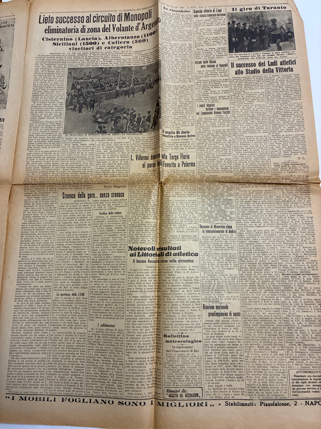 Quotidiano Originale Epoca La Gazzetta del Mezzogiorno 15 Maggio 1939 Discorso Duce Torino