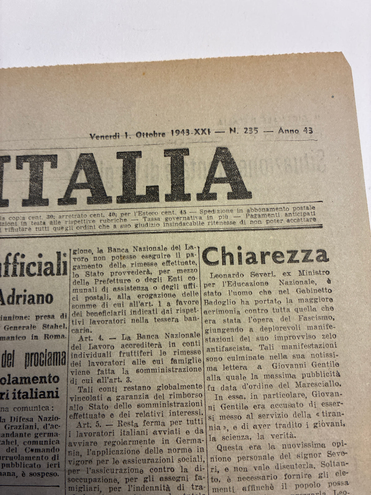 Quotidiano Storico Il Giornale d'Italia 1 Ottobre 1943 RSI Fascismo Costituente