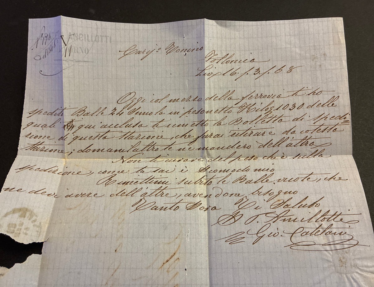 Lettera con Testo del 1865 da Livorno a Follonica con Francobollo da 20 Centesimi Azzurro De La Rue – Collezione Curzio Batini