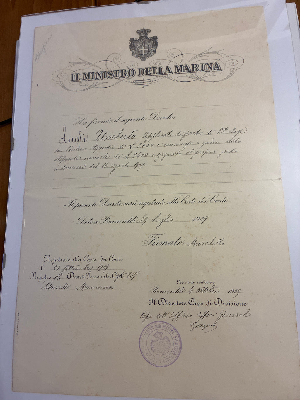 Raro Decreto Ministeriale 1909 Stipendio Regia Marina Umberto Lugli - Ministro Mirabello Timbro Viola - Incorniciato Storia Sabauda