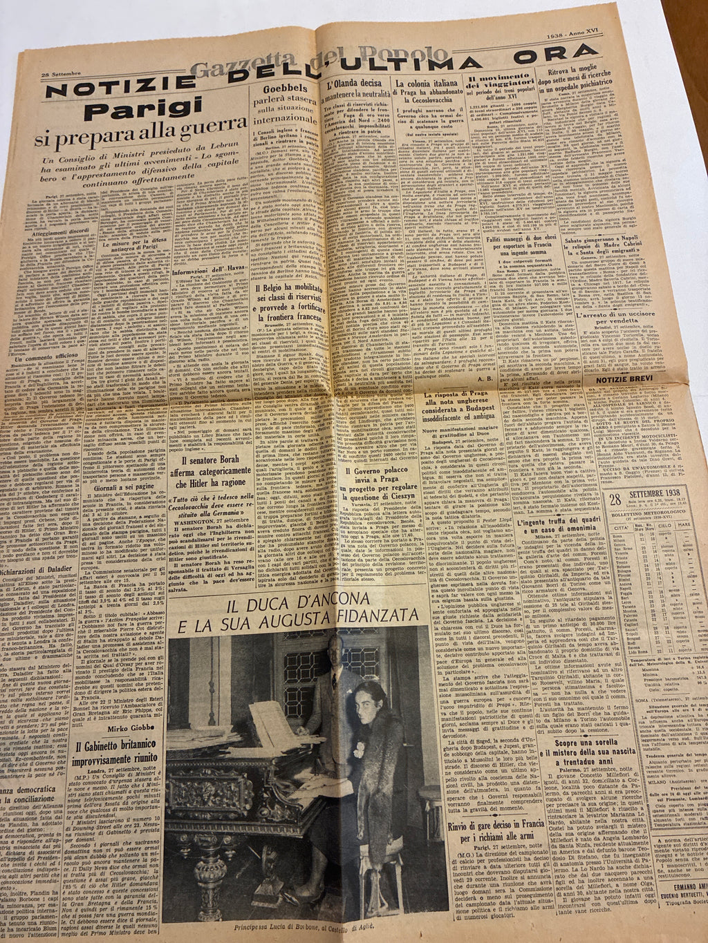 Quotidiano Storico Gazzetta del Popolo 28 Settembre 1938 Crisi di Monaco Fascismo Hitler