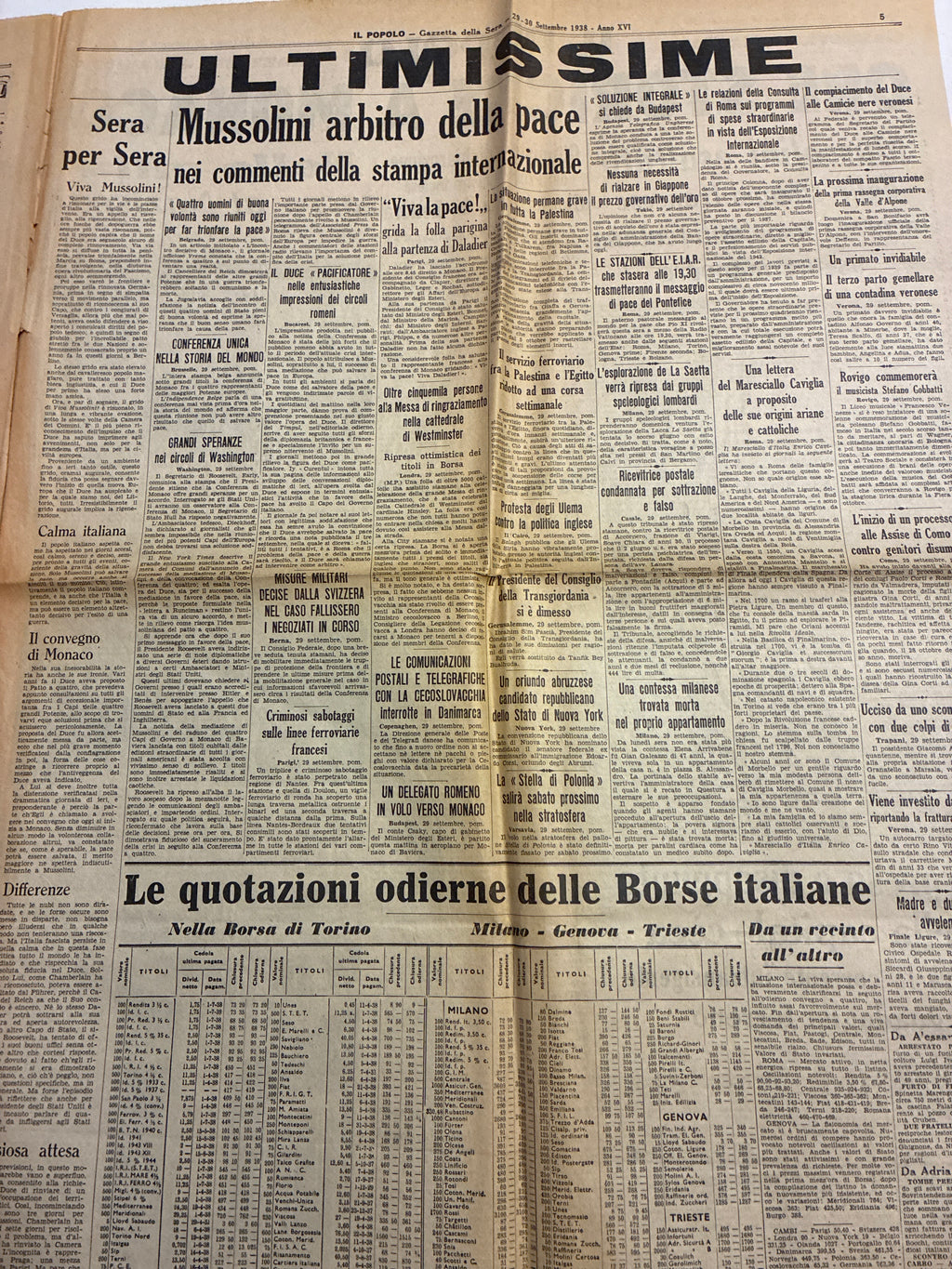 Quotidiano Storico Il Popolo Gazzetta della Sera 29-30 Settembre 1938 Conferenza Monaco Mussolini