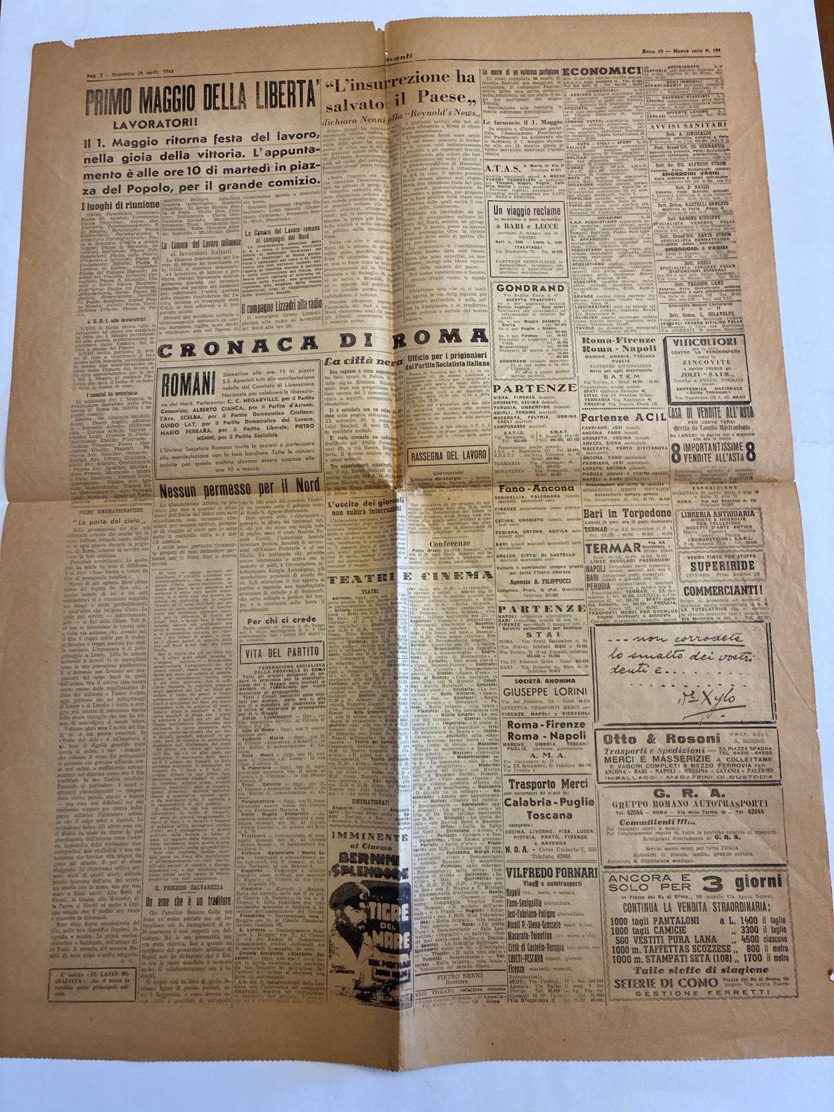 Storico Quotidiano Originale L'Avanti! 29 Aprile 1945 - Seconda Edizione Roma - Fucilazione Mussolini e Gerarchi