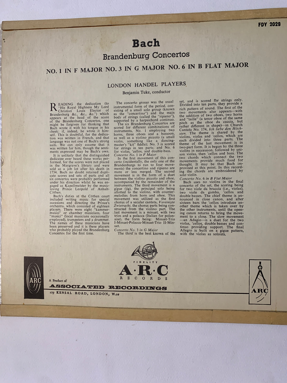 J.S. Bach – Brandenburg Concertos No. 1, No. 3, No. 6 (London Handel Players, Benjamin Tuke) – Vinile LP (FIDELITY ARC / Associated Recordings, FDY 2029)