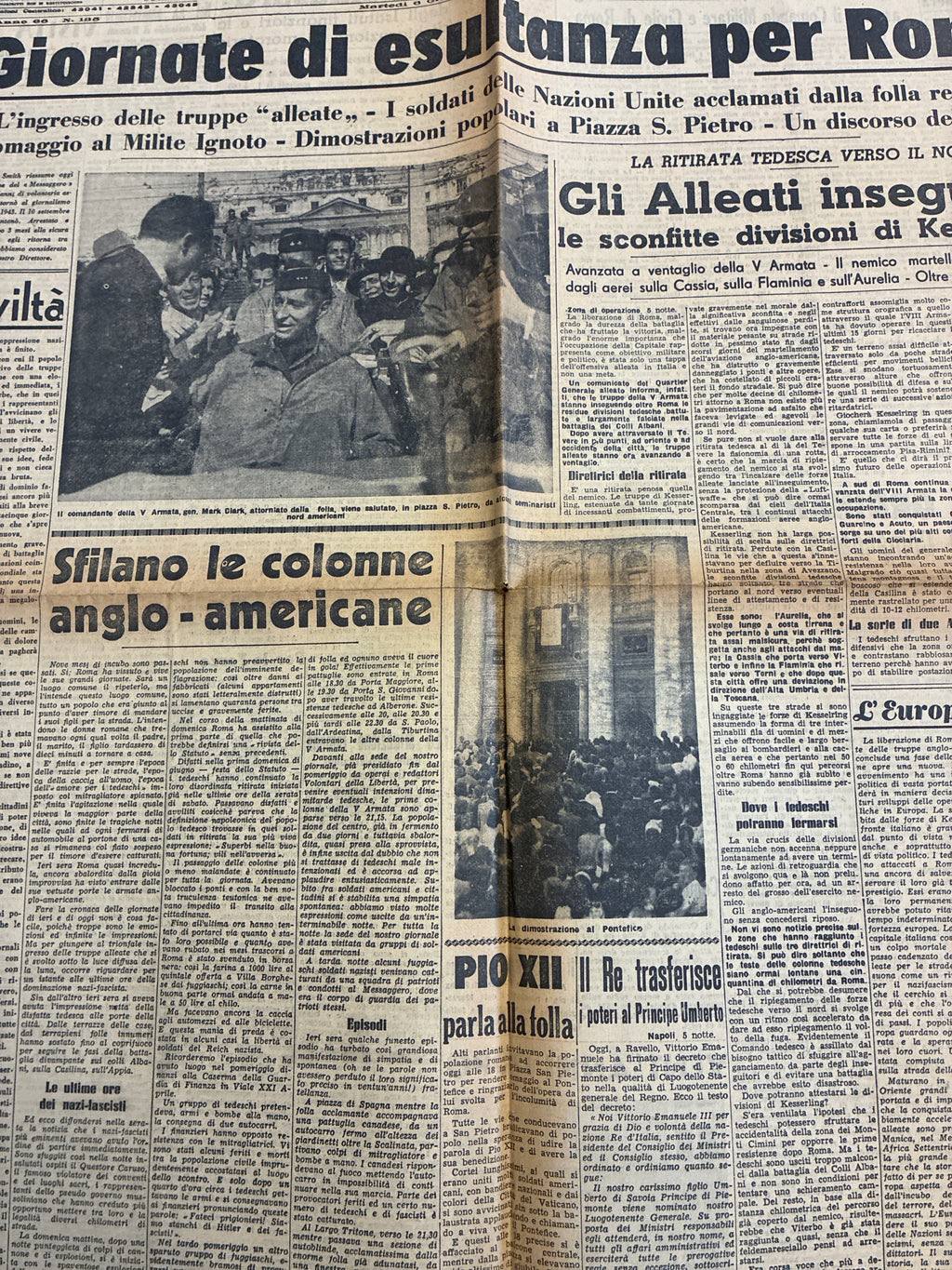 Quotidiano Originale Epoca Il Messaggero 6 Giugno 1944 Giornate di esultanza per Roma Seconda Guerra Mondiale