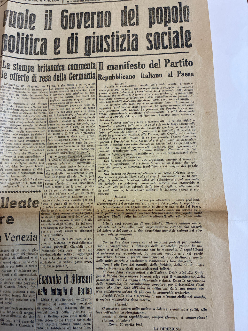 GIORNALE ORIGINALE 1 Maggio 1945 La Voce Repubblicana - FINE MUSSOLINI E LIBERAZIONE MILANO Rarità
