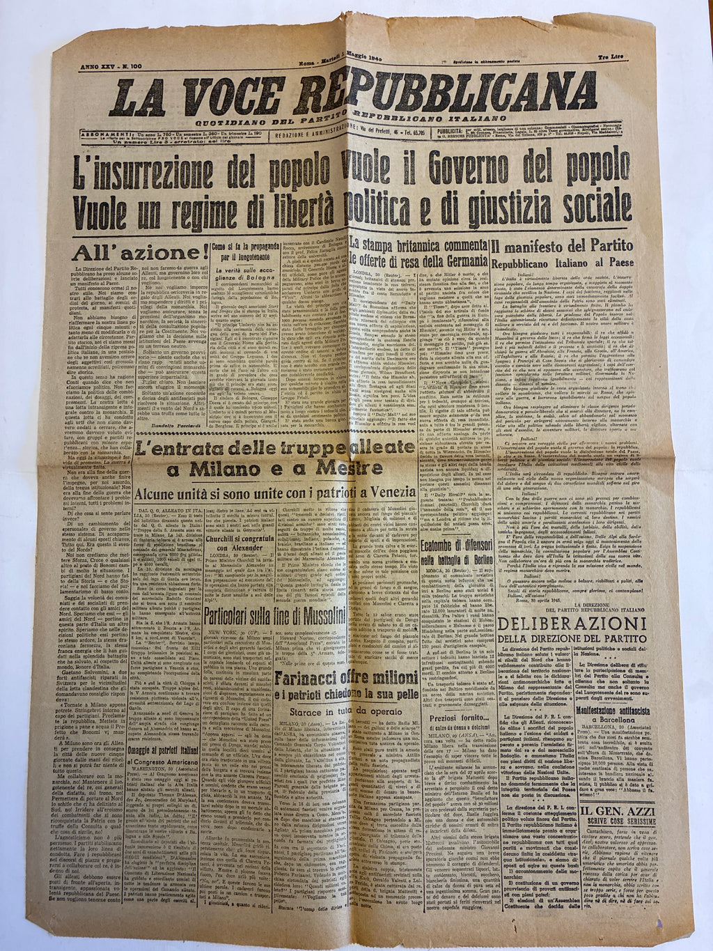 GIORNALE ORIGINALE 1 Maggio 1945 La Voce Repubblicana - FINE MUSSOLINI E LIBERAZIONE MILANO Rarità