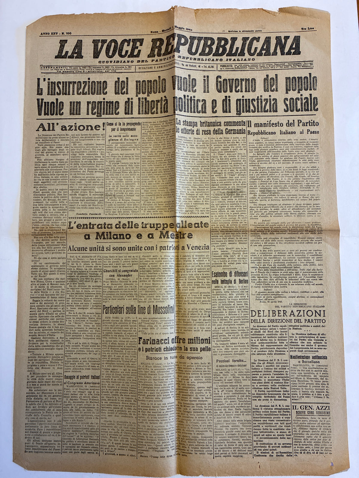 GIORNALE ORIGINALE 1 Maggio 1945 La Voce Repubblicana - FINE MUSSOLINI E LIBERAZIONE MILANO Rarità