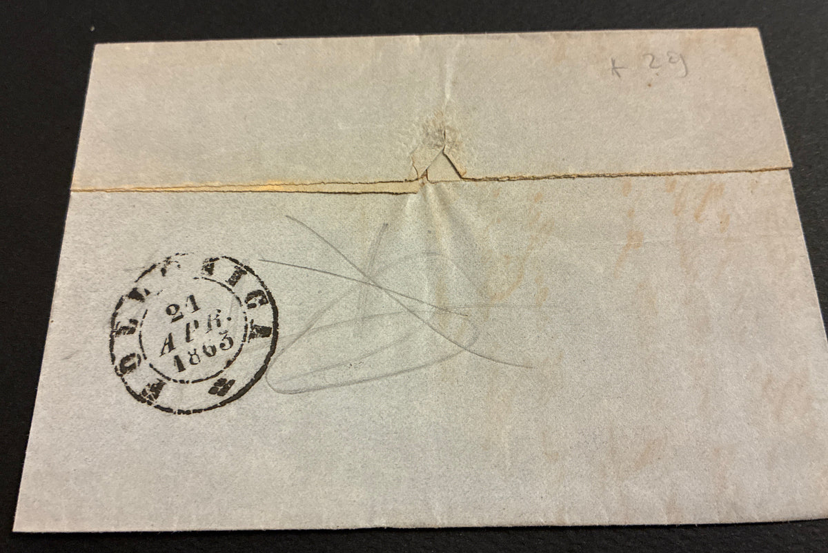Lettera 1863 con 15 Centesimi Azzurro Primo Tipo "Matraire" in uso precoce dall'Archivio e Collezione dell'Ing. Curzio Batini