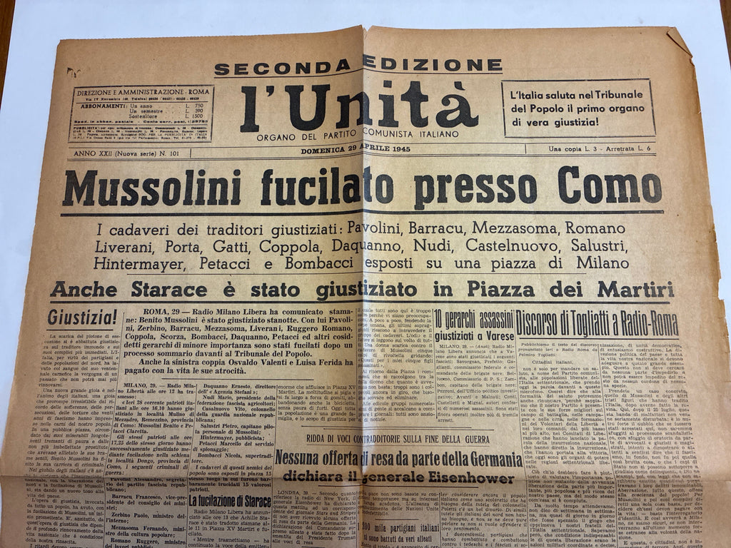Raro Quotidiano Originale l'Unità 29 Aprile 1945 - Edizione Completa Roma - Fucilazione Mussolini