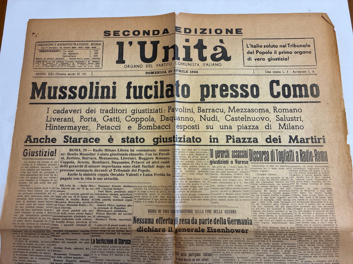 Raro Quotidiano Originale l'Unità 29 Aprile 1945 - Edizione Completa Roma - Fucilazione Mussolini