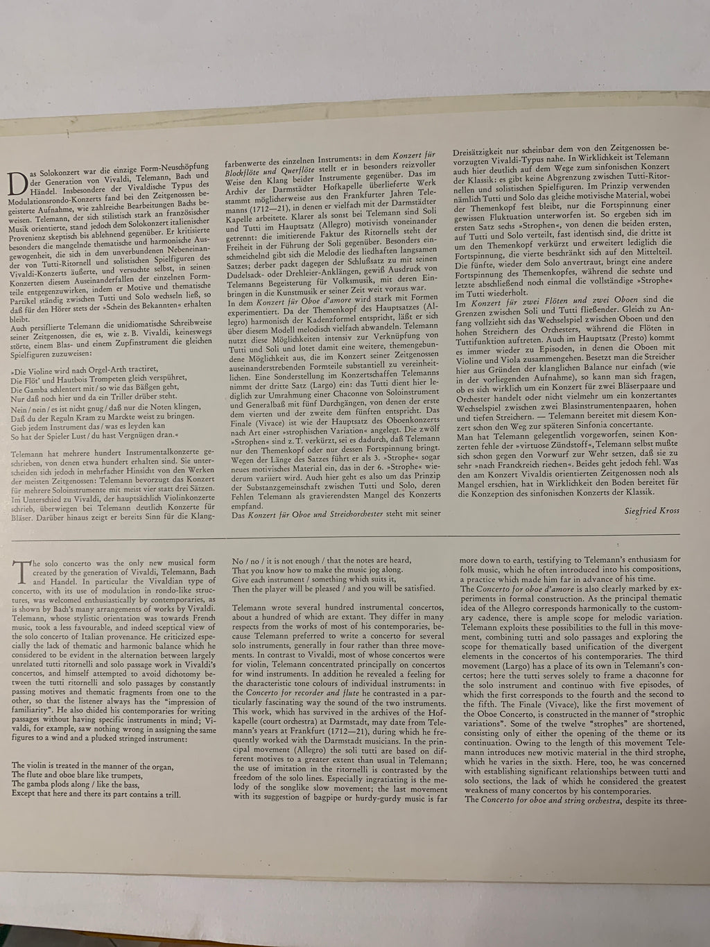 Vinile LP Georg Philipp Telemann – Bläserkonzerte (Archiv Produktion 2533 454) 1981
