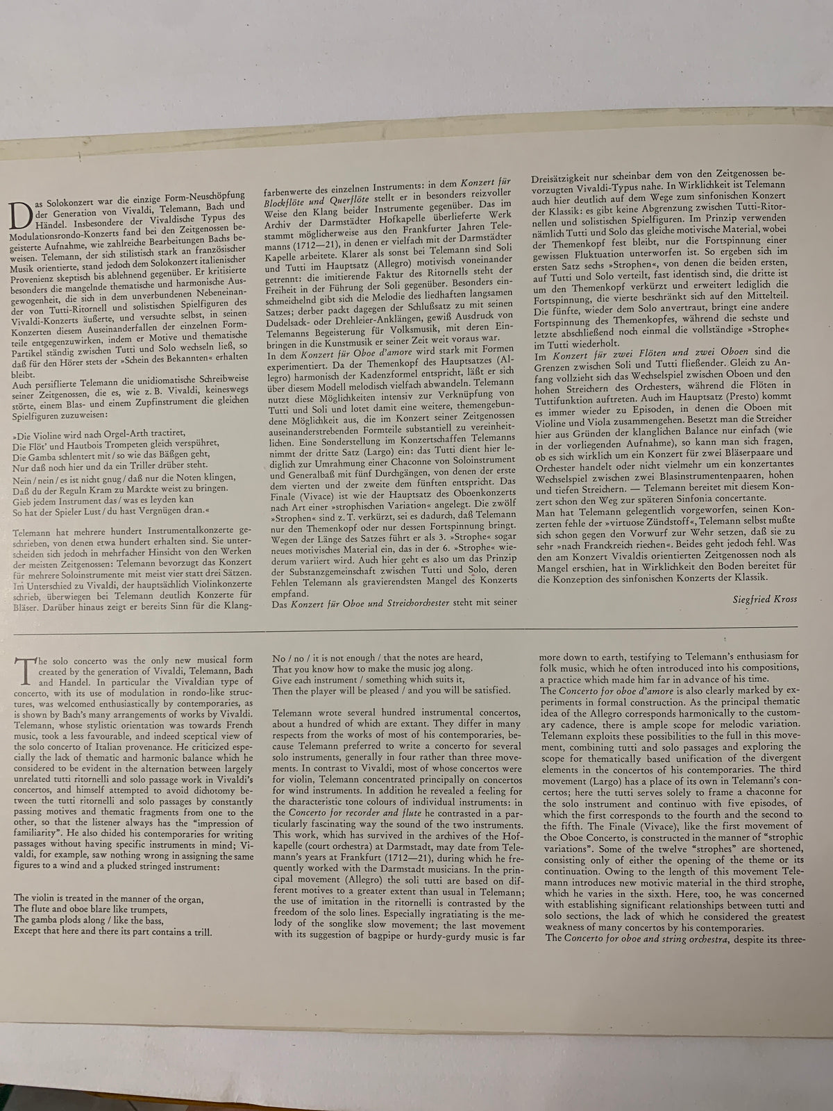 Vinile LP Georg Philipp Telemann – Bläserkonzerte (Archiv Produktion 2533 454) 1981
