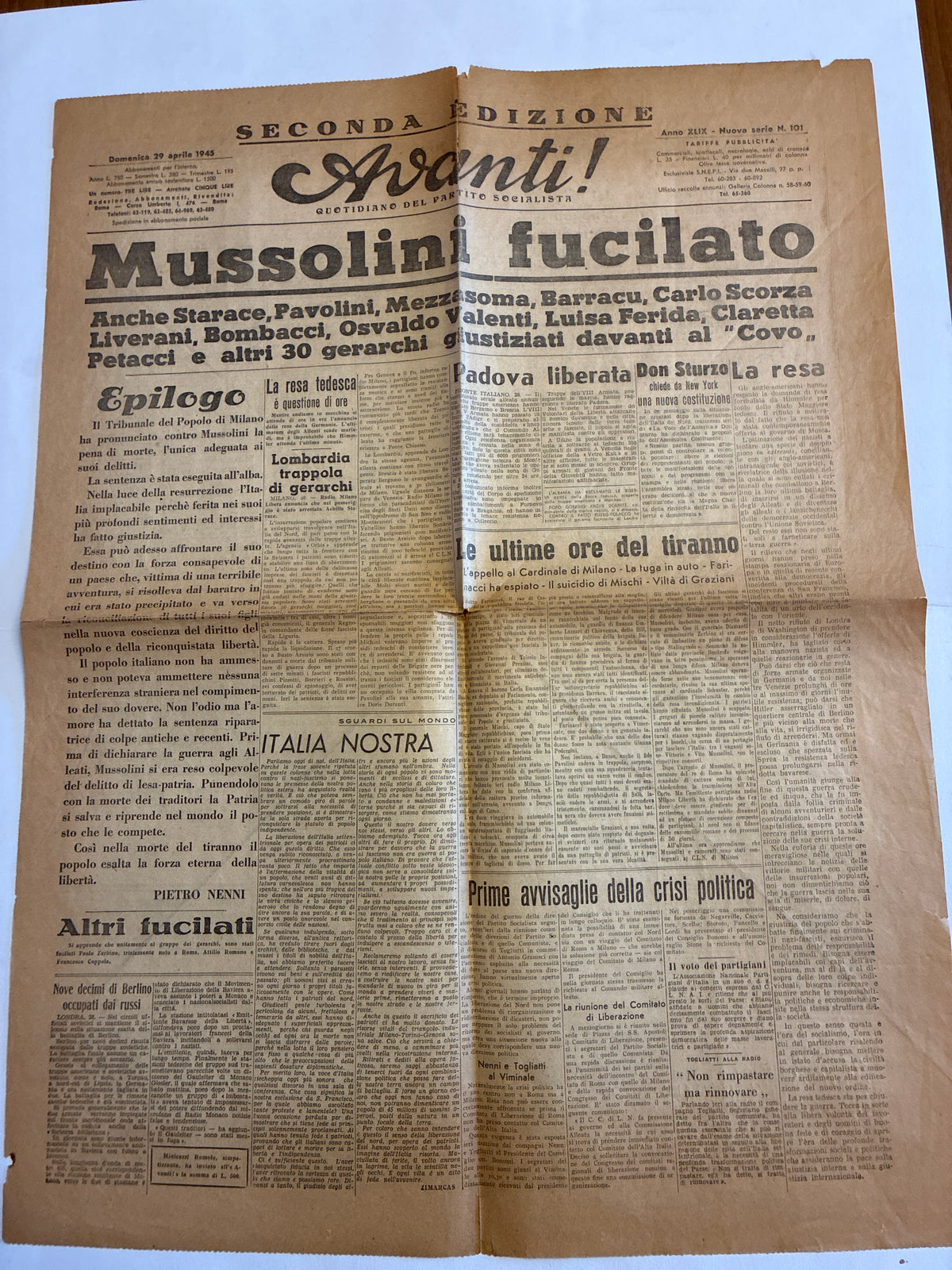 Storico Quotidiano Originale L'Avanti! 29 Aprile 1945 - Seconda Edizione Roma - Fucilazione Mussolini e Gerarchi