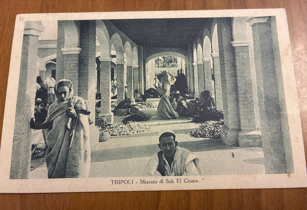 Libia 1930 Cartolina Viaggiata da Tripoli a Cefalù Affrancata 20 Centesimi Dea Roma Mercato di Suk El Giuma