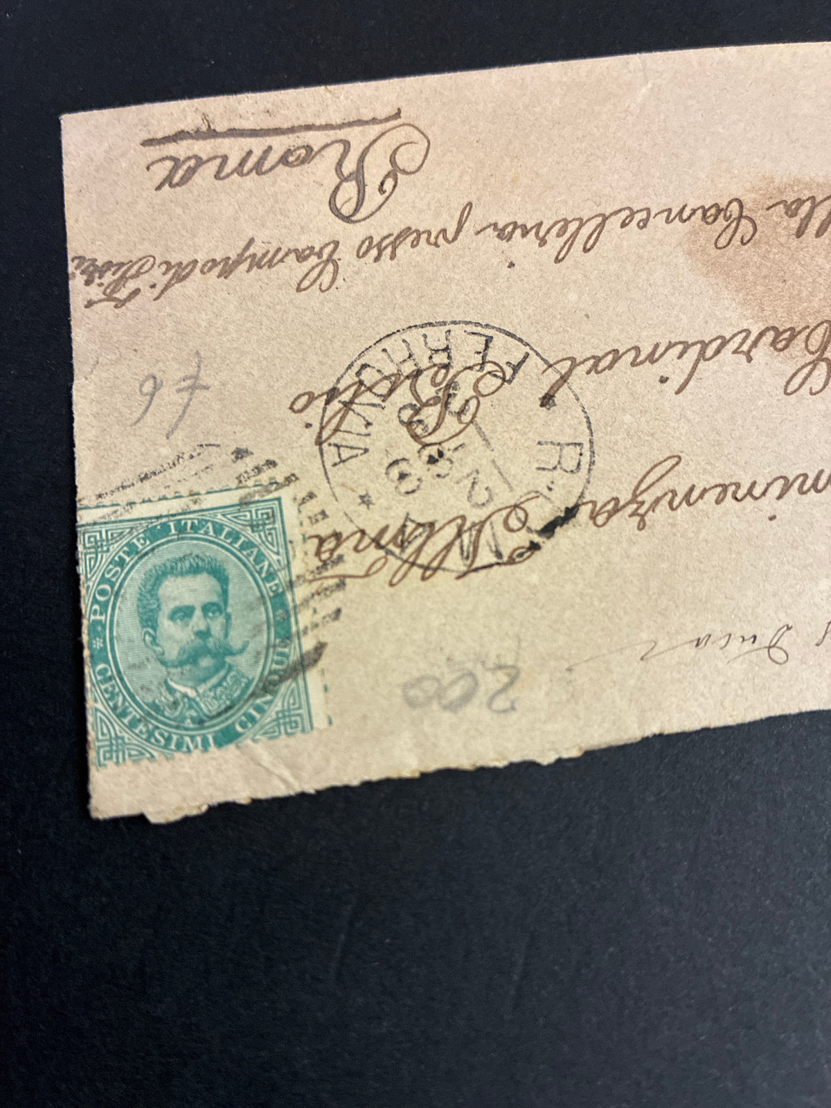 Busta 1883 R. Posta Ferrovia per il Cardinale Luigi Bilio Palazzo della Cancelleria Roma Francobollo 5c Umberto I Storia Postale Vaticana