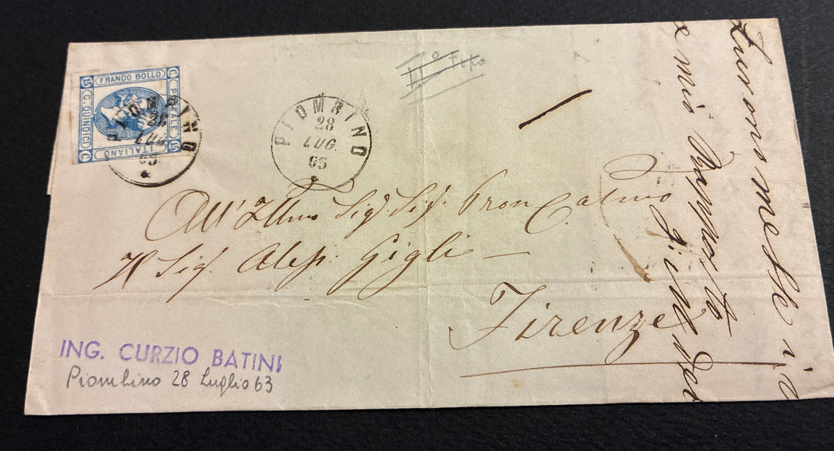 Lettera 1863 con 15 Centesimi Azzurro Secondo Tipo "Matraire" in periodo d'uso ordinario dall'Archivio e Collezione dell'Ing. Curzio Batini