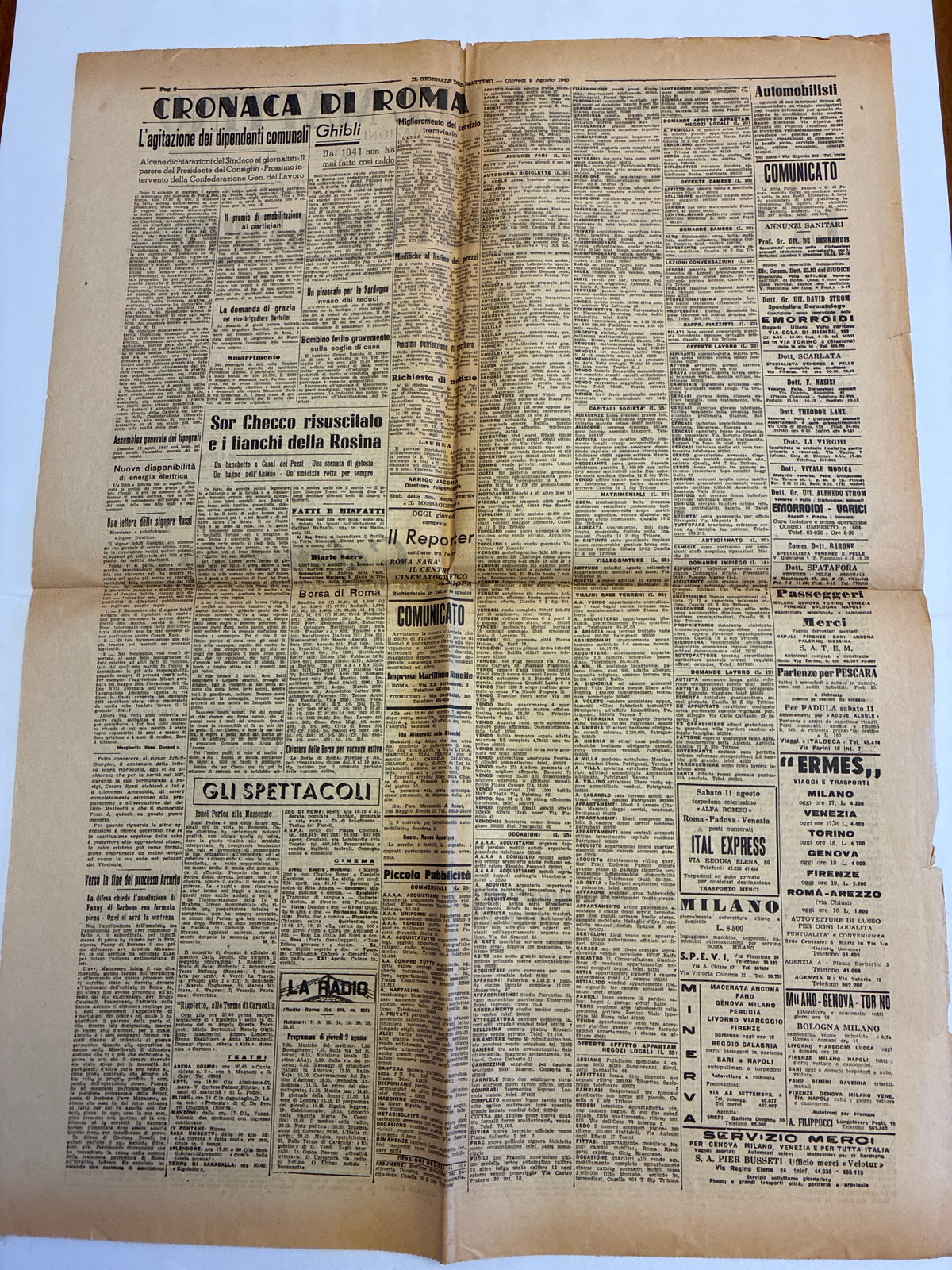 Rarissimo Quotidiano Il Giornale Del Mattino 9 Agosto 1945 {Bomba Atomica Hiroshima E Russia Contro Giappone}