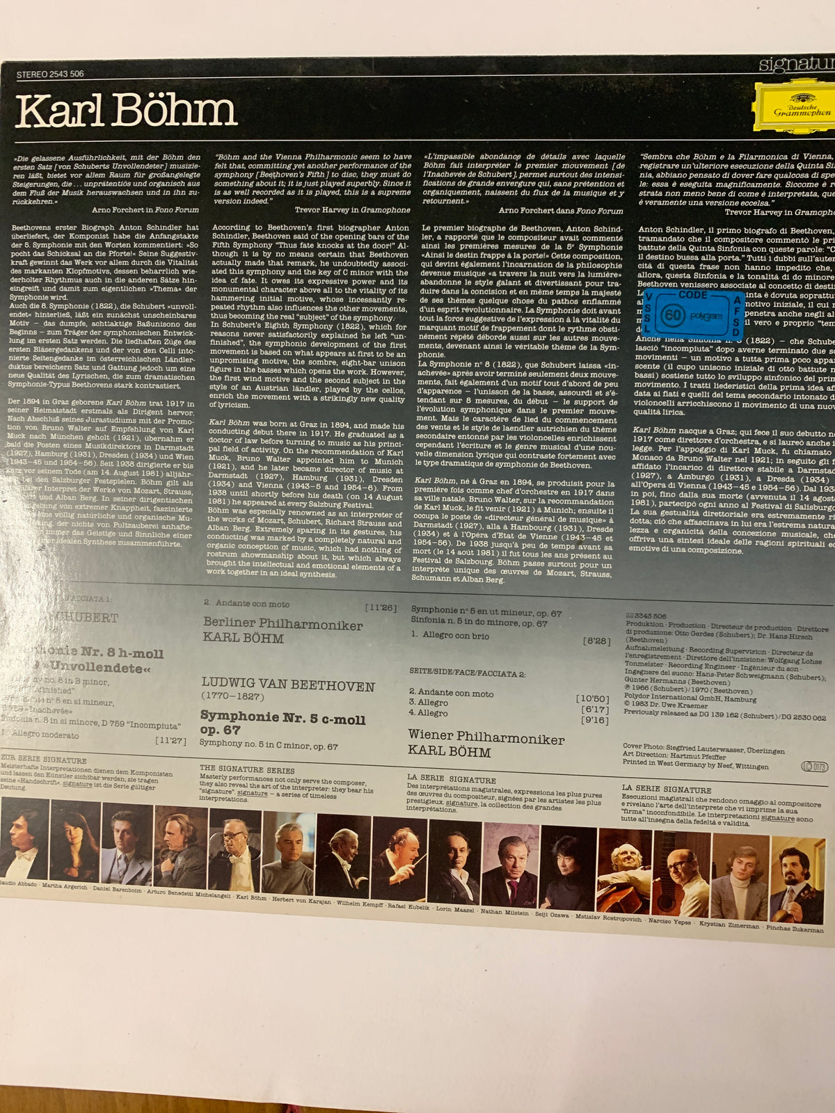 Karl Böhm – Beethoven: Symphonie No. 5 / Schubert: Symphonie No. 8 "Incomplete" (LP, Deutsche Grammophon – Signature 2543 506, Germania, 1983)r
