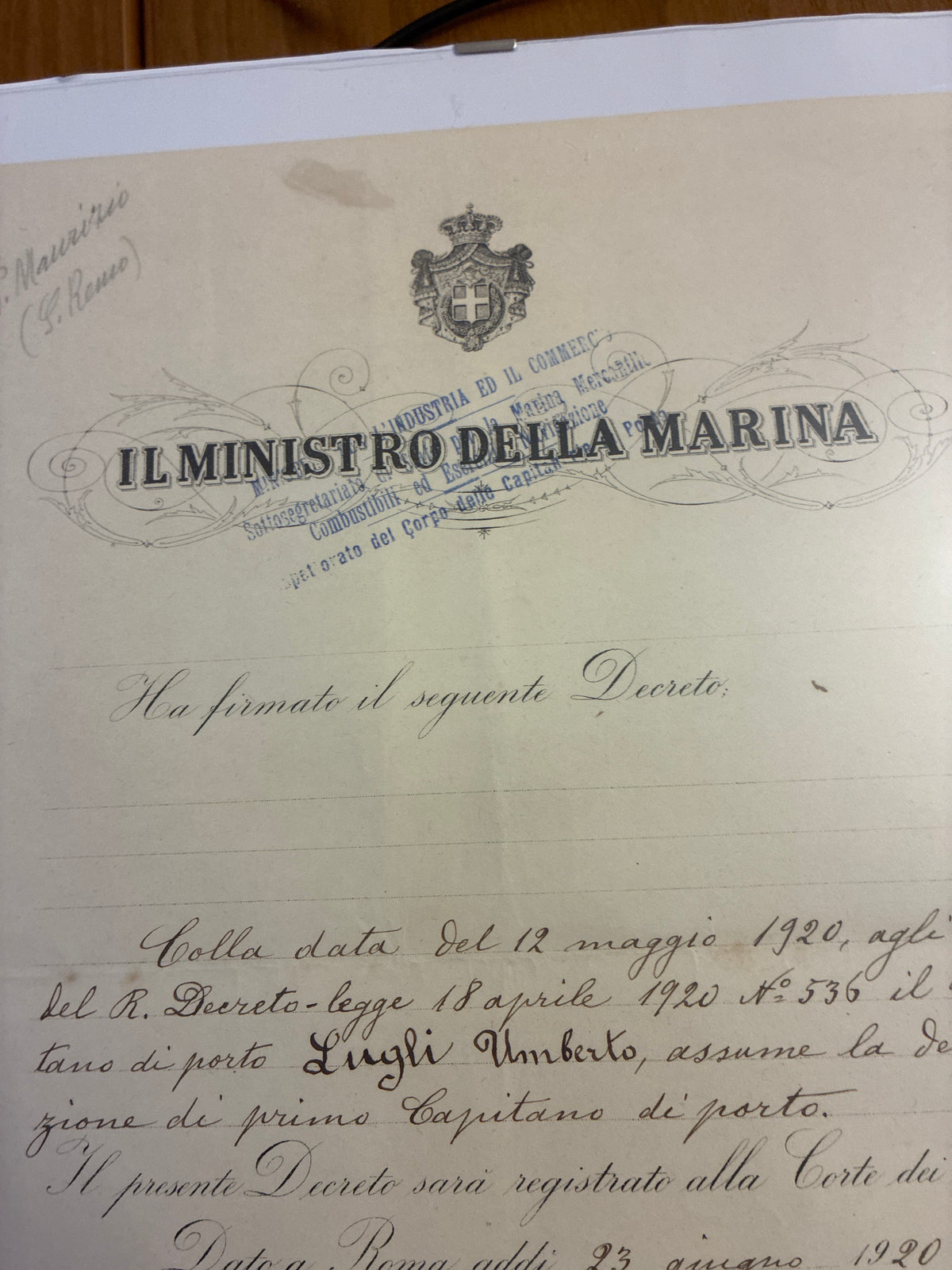 Raro Decreto Ministeriale 1920 Primo Capitano Porto Umberto Lugli - Doppio Timbro - Incorniciato Storia Sabauda