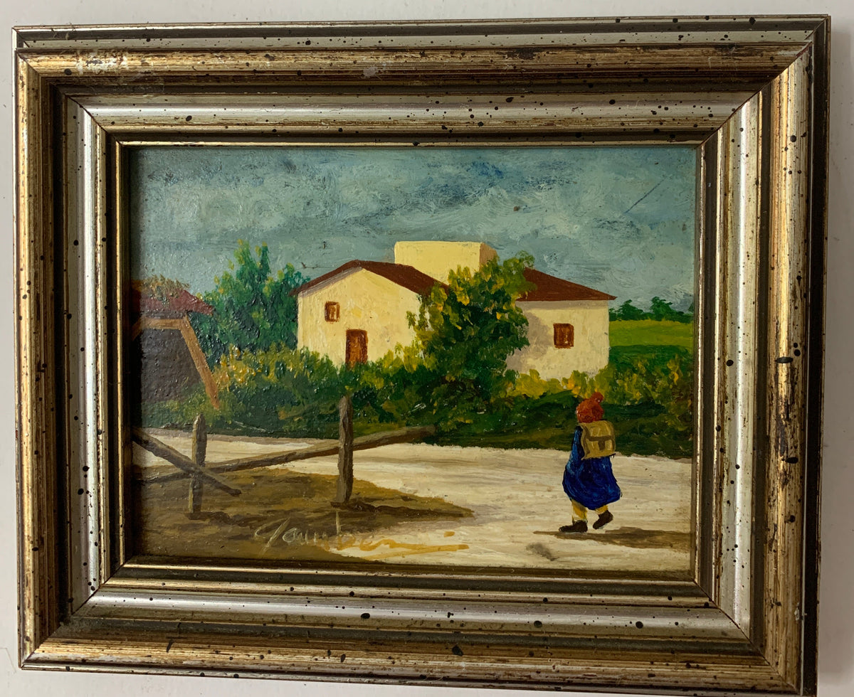 Quadro Olio su Tavola - Paesaggio Rurale con Casolare e Viandante - Firmato con Cornice Vintage