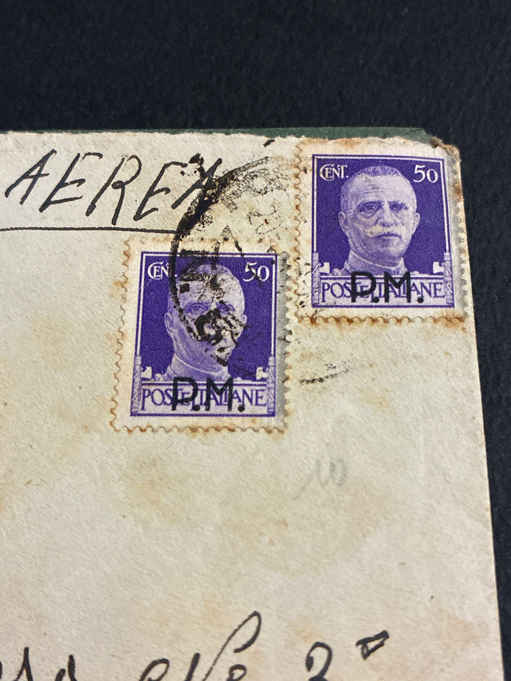 1943, Posta Militare 82: Busta di Via Aerea con Lettera dal Fronte Albanese Spedita a Cinque Giorni dalla Caduta del Fascismo con Coppia da 50 Centesimi Sovrastampata P.M.