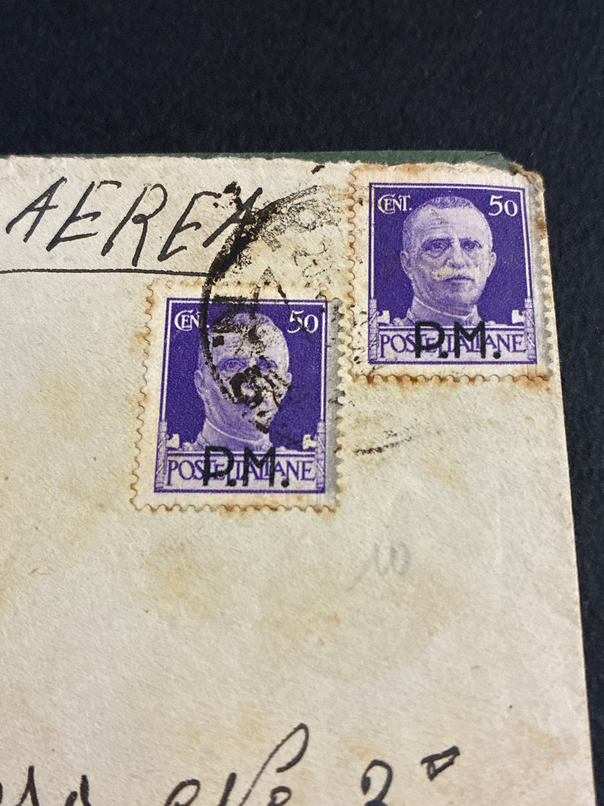 1943, Posta Militare 82: Busta di Via Aerea con Lettera dal Fronte Albanese Spedita a Cinque Giorni dalla Caduta del Fascismo con Coppia da 50 Centesimi Sovrastampata P.M.