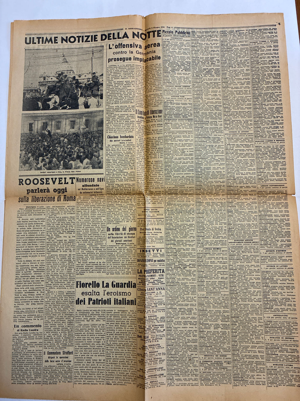 Quotidiano Originale Epoca Il Messaggero 6 Giugno 1944 Giornate di esultanza per Roma Seconda Guerra Mondiale