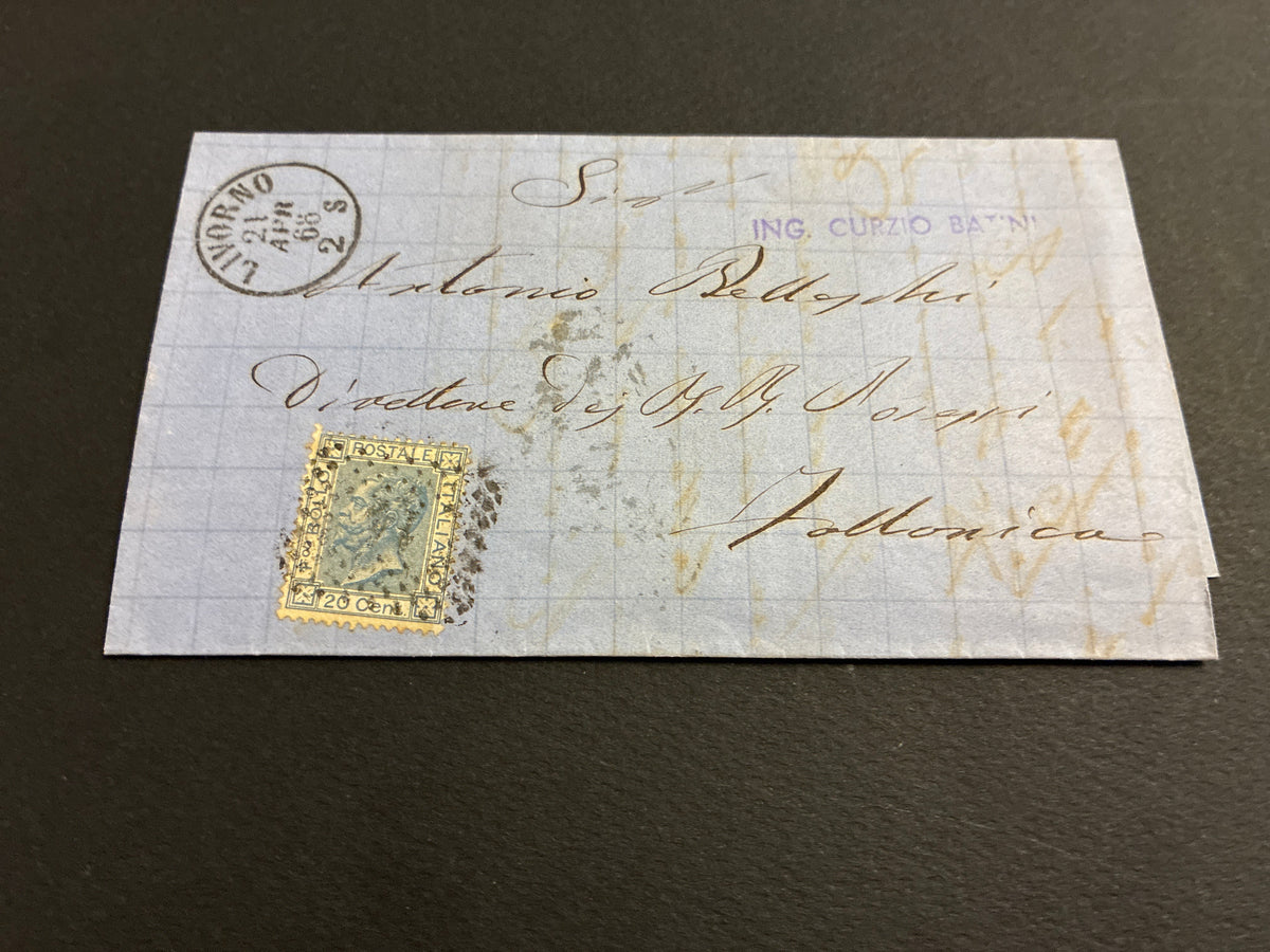 Storia postale del Regno d'Italia busta da Livorno a Follonica del 1868 collezione Batini