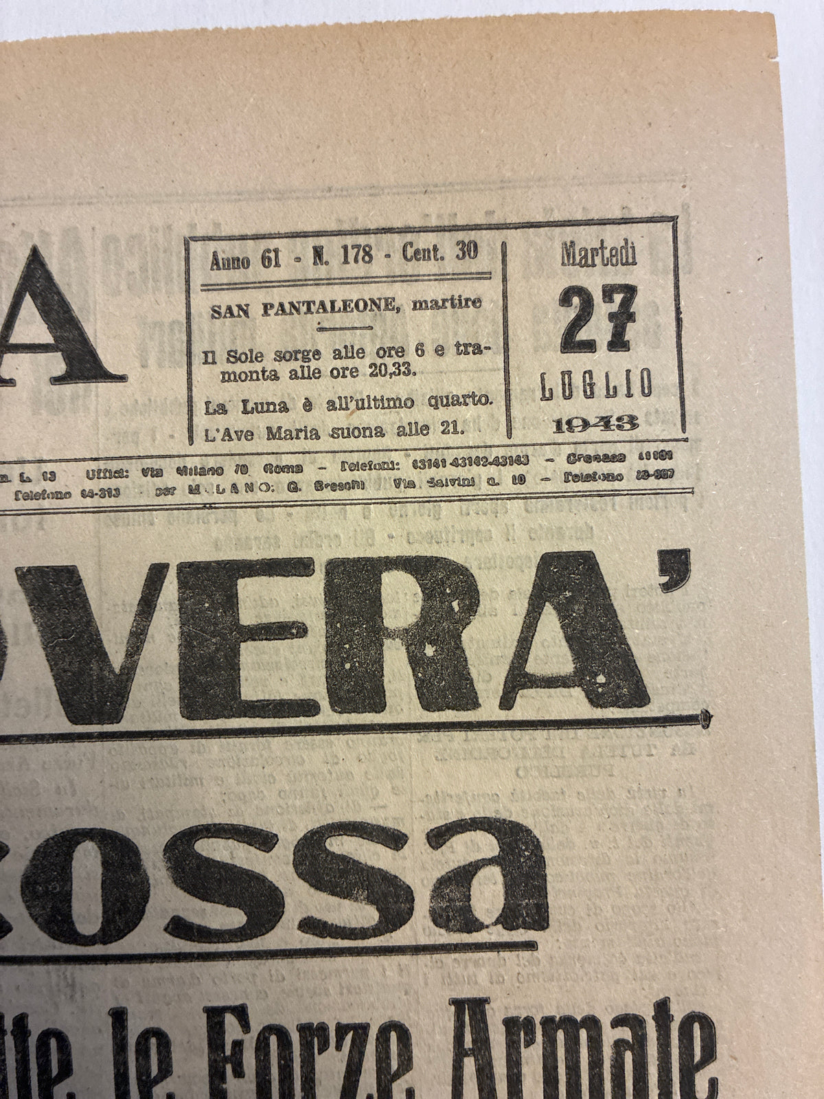 Storico Quotidiano Originale La Tribuna 27 Luglio 1943 - Edizione Completa Roma - Caduta di Mussolini