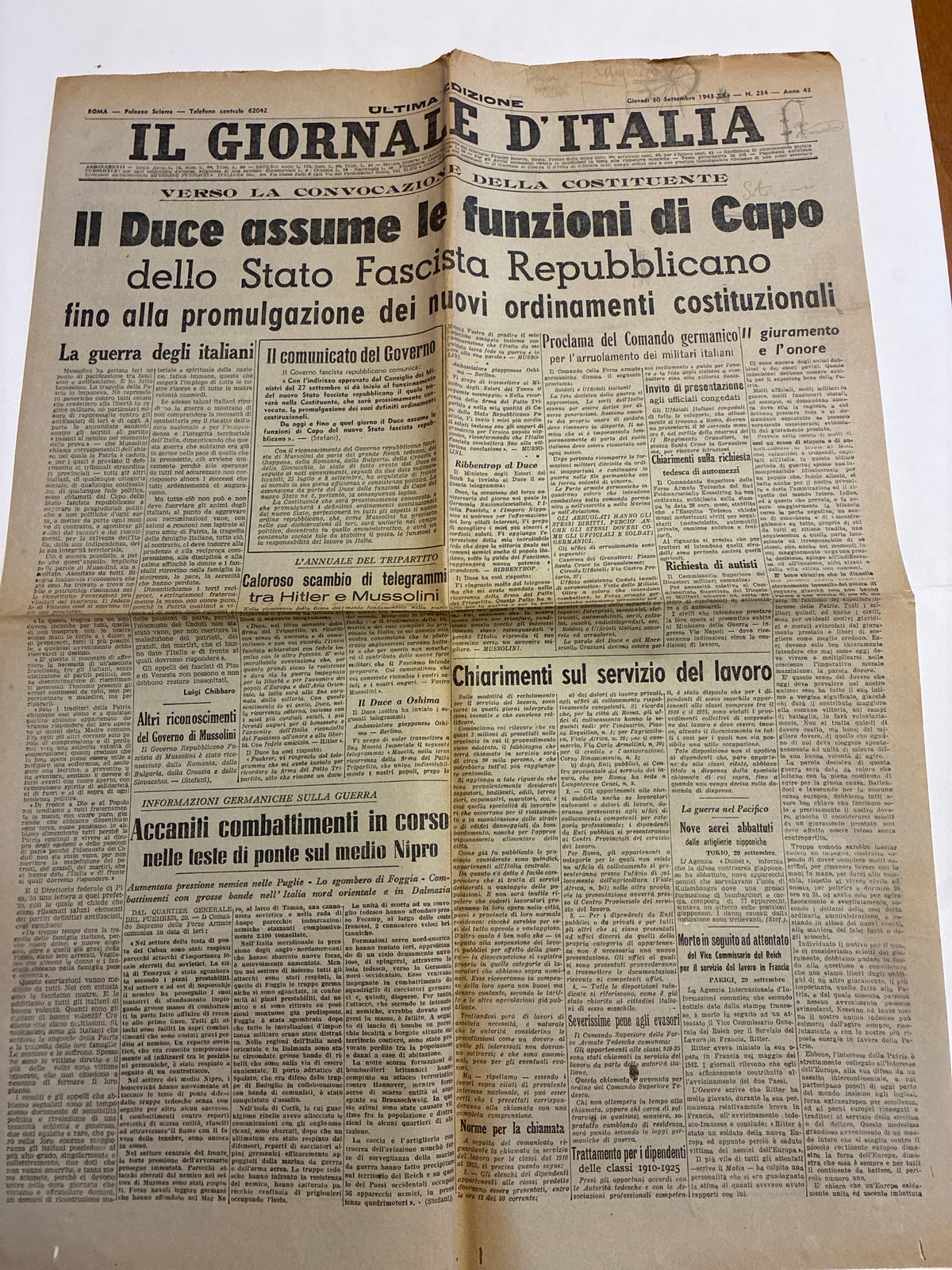 Quotidiano Storico Il Giornale d'Italia 30 Settembre 1943 RSI Stato Fascista Repubblicano