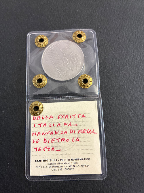 100 Lire 1960 "Minerva" Errore Mancano Lettere "ITA" e Mancanza di Metallo in Perizia BB