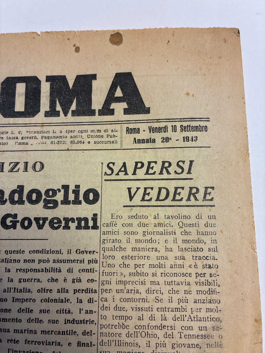 Quotidiano Storico Il Popolo di Roma 10 Settembre 1943 Armistizio Badoglio Sbarco Salerno