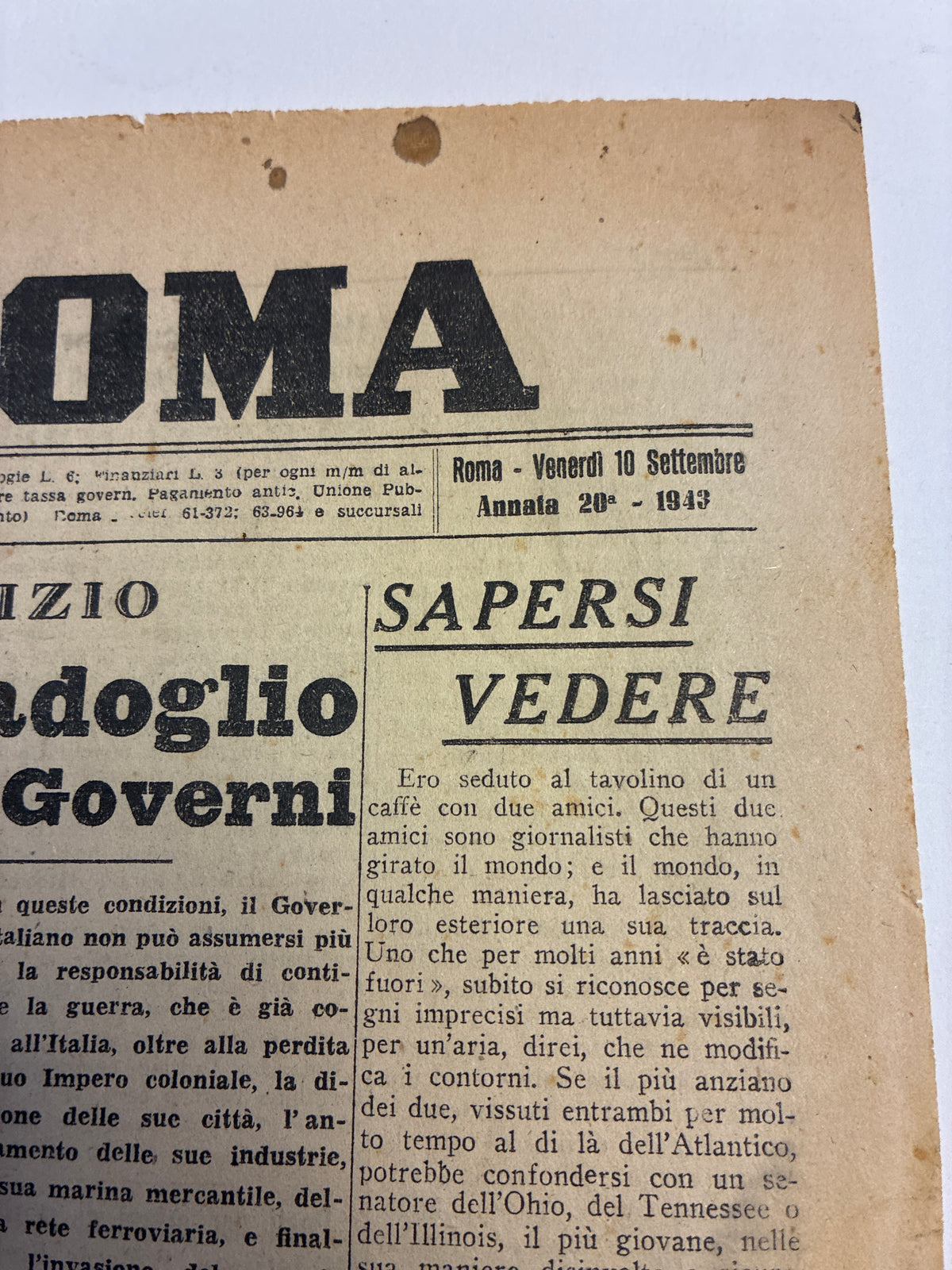 Quotidiano Storico Il Popolo di Roma 10 Settembre 1943 Armistizio Badoglio Sbarco Salerno