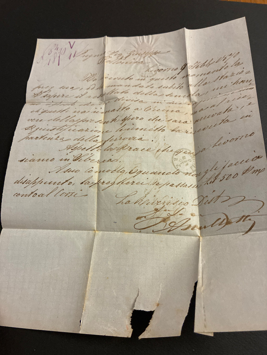 Lettera del 1870 da Livorno a Follonica affrancata con francobollo da 20 centesimi