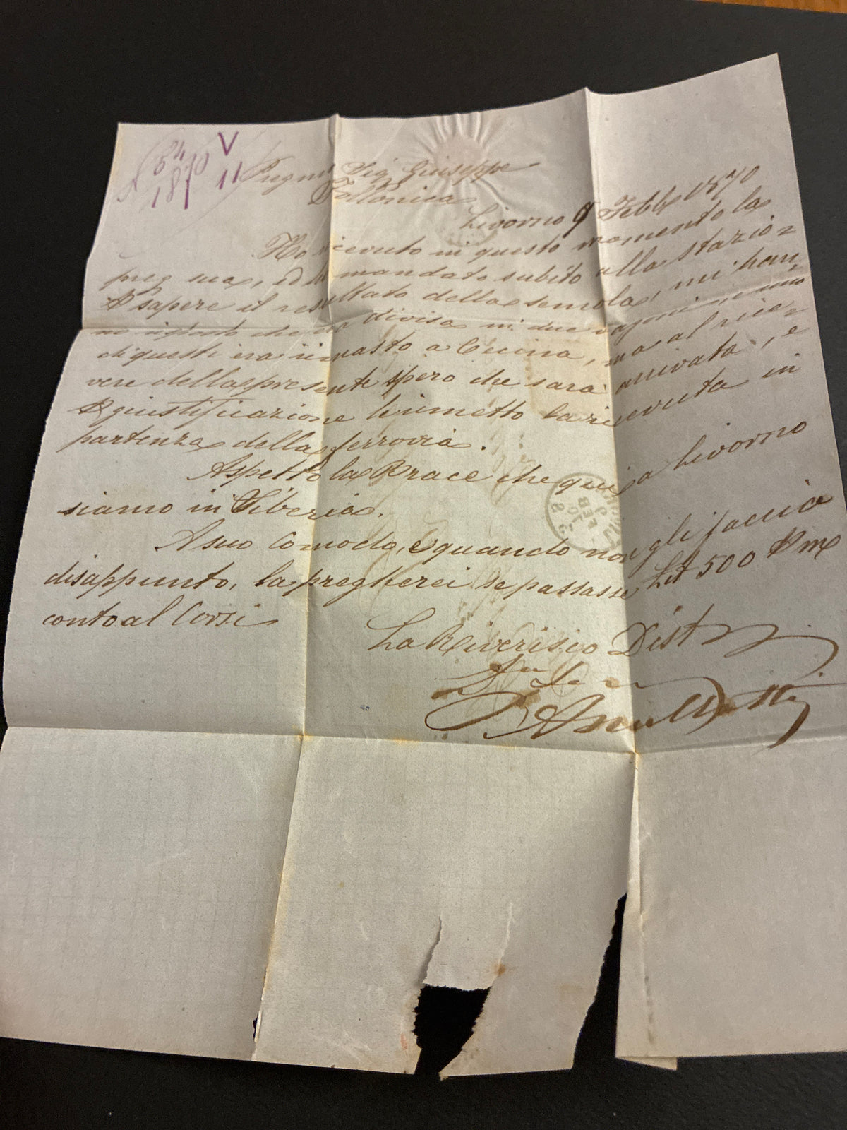 Lettera del 1870 da Livorno a Follonica affrancata con francobollo da 20 centesimi
