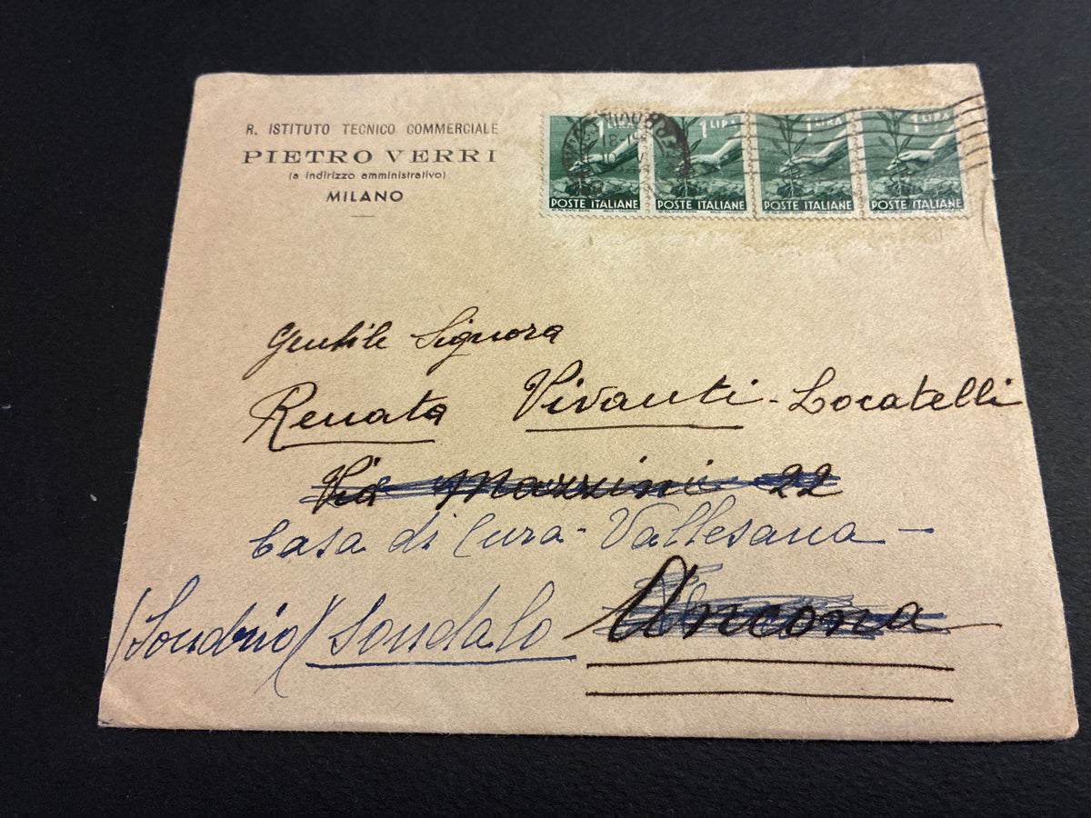 Busta Storia Postale Re Di Maggio Umberto II Reindirizzata Milano Ancona Sondalo Timbro Arrivo Ancona 12 Maggio 1946 Striscia Quattro Francobolli 1 Lira Democratica Tariffe 4 Lire Da Collezione