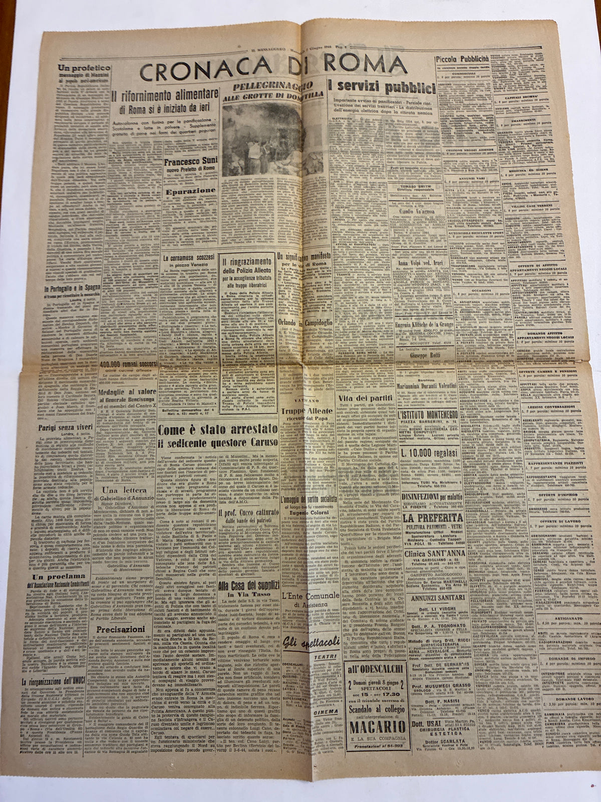Quotidiano Originale Il Messaggero 7 Giugno 1944 - Edizione Completa Roma - Annuncio Sbarco in Normandia D-Day
