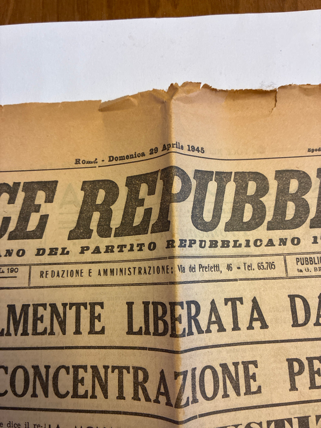 Quotidiano Originale LA VOCE REPUBBLICANA 29 Aprile 1945 Liberazione Mussolini