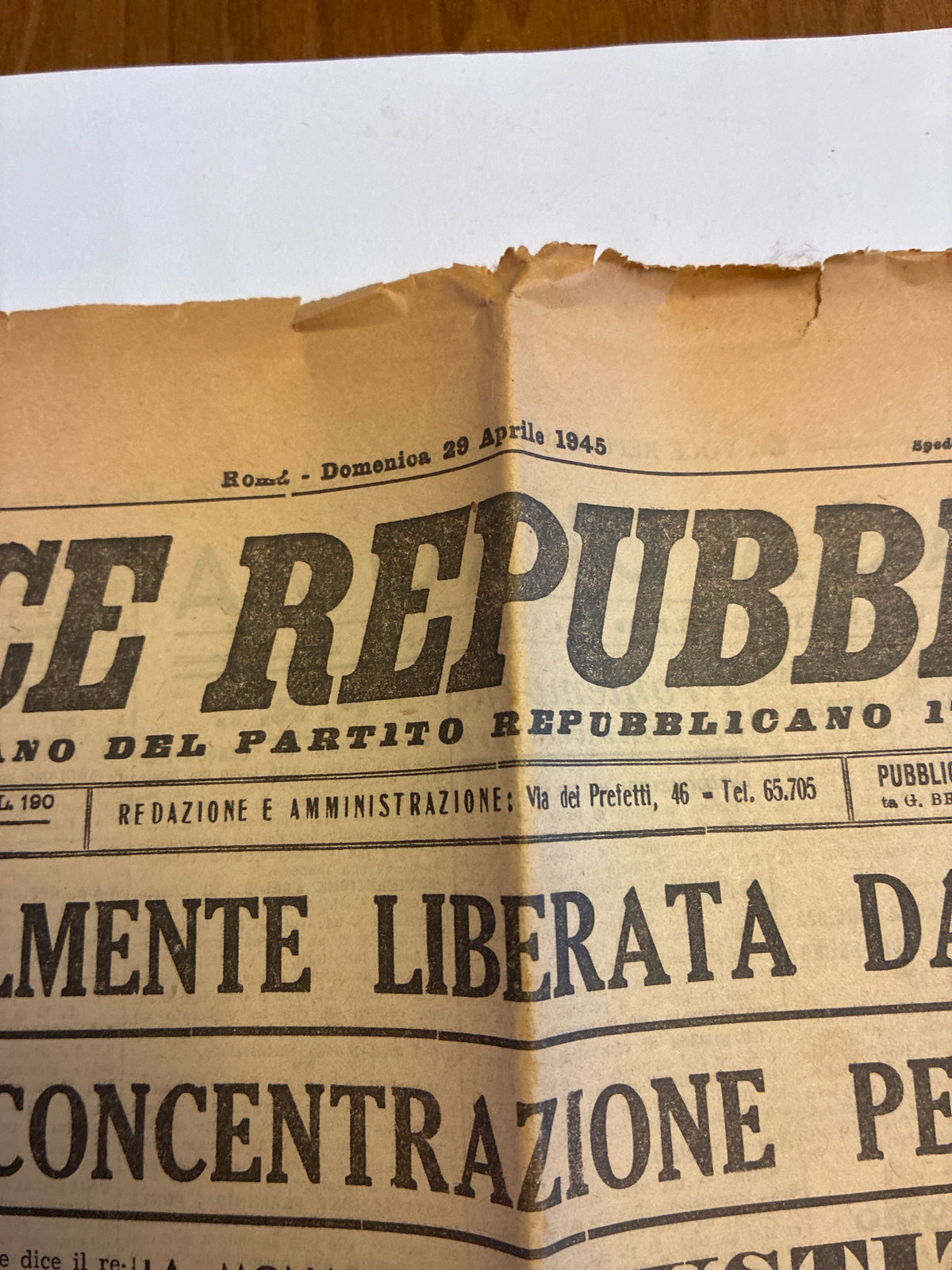 Quotidiano Originale LA VOCE REPUBBLICANA 29 Aprile 1945 Liberazione Mussolini