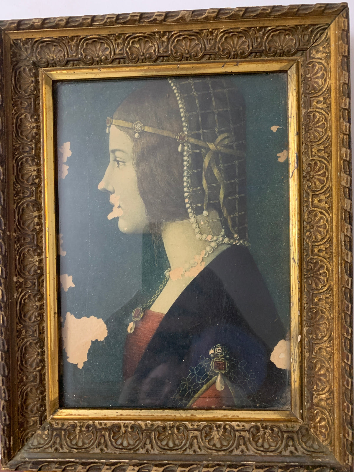 Quadro Vintage Ritratto Di Dama Beatrice D'Este Con Cornice Dorata Antica