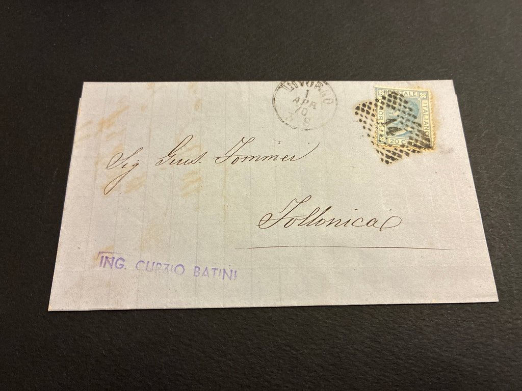 Busta Storia Postale 1870 Collezione Curzio Batini Regno D'Italia Vittorio Emanuele II Francobollo 20 Centesimi Azzurro Timbro Livorno Arrivo Follonica In Giornata Da Collezione