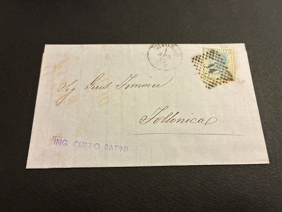 Busta Storia Postale 1870 Collezione Curzio Batini Regno D'Italia Vittorio Emanuele II Francobollo 20 Centesimi Azzurro Timbro Livorno Arrivo Follonica In Giornata Da Collezione