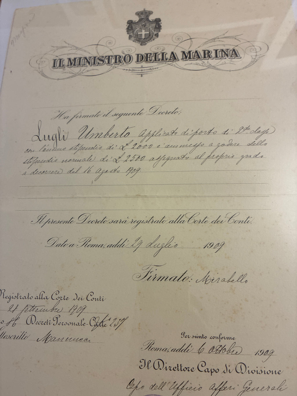 Raro Decreto Ministeriale 1909 Stipendio Regia Marina Umberto Lugli - Ministro Mirabello Timbro Viola - Incorniciato Storia Sabauda